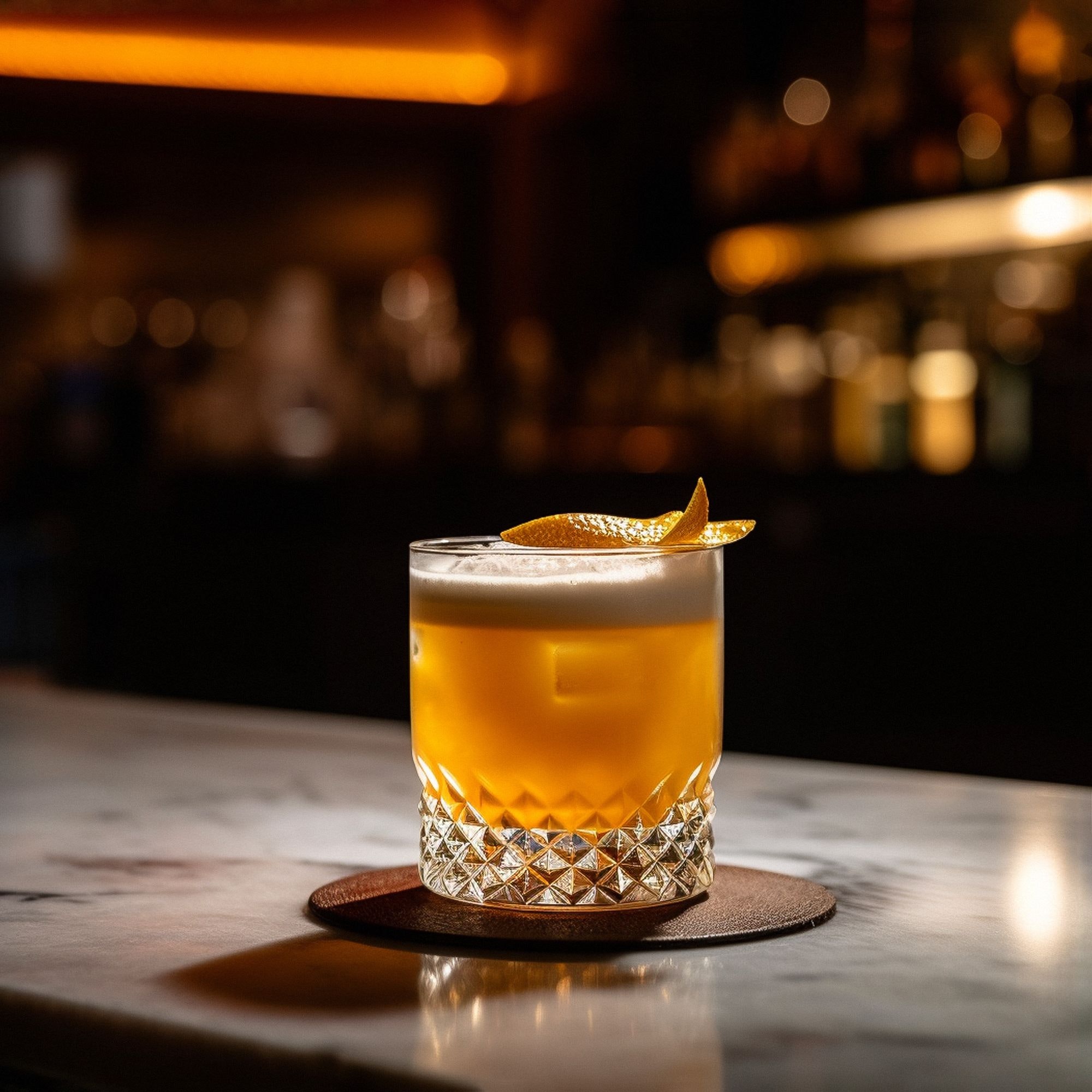 Cocktail mit Zitronenzeste an einer Bar